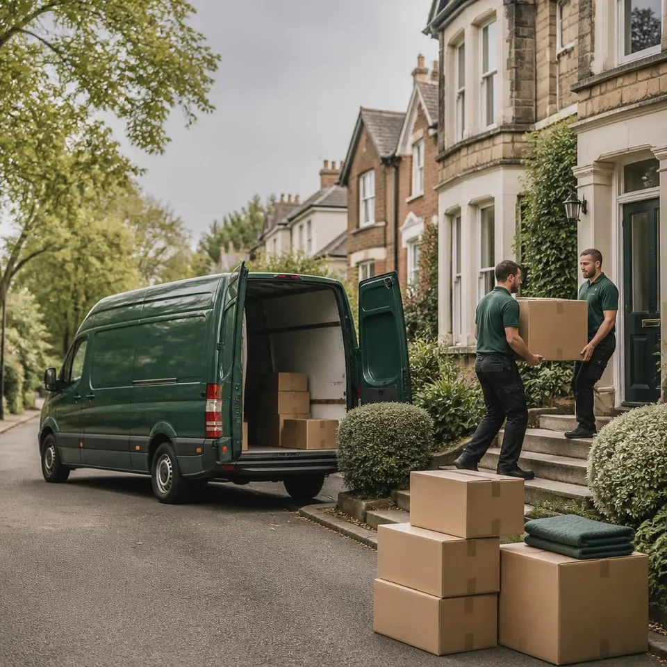 Illustrative editorial scene of a green van and movers carrying boxes outside a home